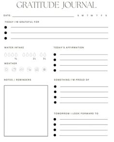 a white and black printable planner with the words gratitude journal written on it,