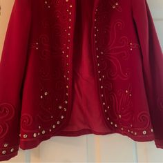 Red Felt, Embellished Jacket By Giorgio Sant Angelo. Beautiful Detailing On The Front, Back And Sleeves. Very Good Condition. Collectible. Wear It Over Jeans Or Your Lbd. Size 8 But Can Work On A 4 Or 6 As Well. Elegant Embellished Festive Outerwear, Elegant Christmas Party Outerwear, Christmas Formal Fitted Outerwear, Fitted Formal Christmas Outerwear, Fitted Formal Outerwear For Christmas, Fitted Embellished Blazer For Festive Occasions, Holiday Embellished Long Sleeve Outerwear, Embroidered Evening Blazer For Winter, Formal Red Holiday Outerwear