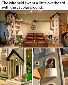 there are pictures of cat houses and furniture in the house with cats on them,