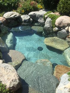 an outdoor pool with rocks and water