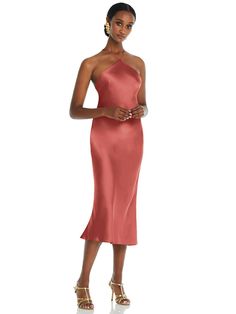 Delicate In Every Aspect, This Lux Charmeuse Bias Dress Is Defined By Its Eye-catching Diamond Halter. Slim, Adjustable Straps Crisscross An Open Back For A Sexy But Sophisticated Finishing Touch To This Midi-length Slip Dress. Shown In Coral Pink. Halter Midi Dress Formal, Slip Bridesmaids Dresses, Bias Dress, Midi Bridesmaid Dress, Wine Dress, Kids Wedding, Midi Dress Formal, Midi Slip Dress, Infinity Dress