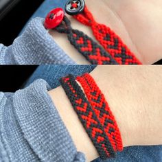 two pictures of a person wearing a red and black bracelet with a button on it