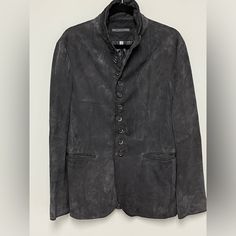 John Varvatos Collection Goat Suede Woodward Multibutton Jacket. Msrp $2198 Size Eu 48 Usa 38 Color Grey. Nice Dark Grey Color. Just Perfect Condition. Brand New With Out Tags Attached. This Multi-Button Jacket Captures A Signature Silhouette With A Modern, Yet Timeless Attitude. Cut From A Lightweight Goat Suede It’s Extremely Soft With An Easy Movement. 100% Goat Suede Fully Lined Multi-Button Front Closure Inlaid Wire At Collar One Chest Pocket / Two Hip Pockets Button Cuffs Center Back Vent Luxury Blazer With Snap Buttons For Fall, Designer Fitted Sport Coat With Button Closure, Designer Formal Leather Jacket With Snap Buttons, Designer Leather Jacket With Snap Buttons For Formal Occasions, Designer Fitted Leather Jacket With Buttons, Formal Leather Jacket With Button Closure, Designer Business Blazer With Snap Buttons, Designer Fitted Outerwear With Double Button Closure, Designer Semi-formal Blazer With Button Closure