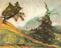 a painting of two trees on top of a hill