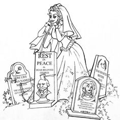 a black and white drawing of a woman in a wedding dress next to tombstones