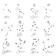 the zodiac signs and their names are drawn in black ink on a white paper background