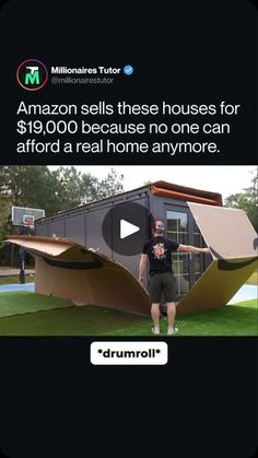 a man is standing in front of a house made out of shipping containers with the words amazon sells these houses for $ 9, 000 because no one can afford a real home anymore