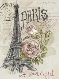 the eiffel tower with roses on it is shown in front of an old postcard