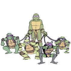 a group of teenage mutant turtles wearing goggles and holding on to their harnesses