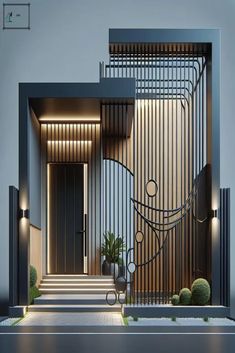 an entrance to a modern house with metal gate and planters on the steps leading up to it