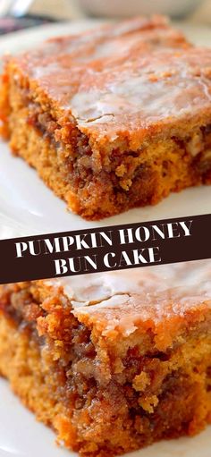 two pieces of pumpkin honey bun cake on a white plate with the words, pumpkin honey bun cake