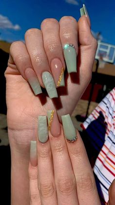 Pin on Stylish nails Sage Green Nails, Green Acrylic Nails, White Glitter Nails, Pink Homecoming, Nails Homecoming, Homecoming Nails Acrylic, Nails White, Acrylic Nails Coffin Pink, Long Square Acrylic Nails