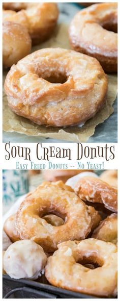 four different types of doughnuts are shown with the words, sour cream donuts