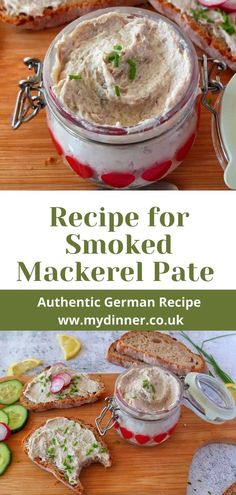 the recipe for smoked mackere pate is shown with cucumbers and bread