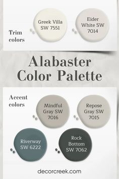 The image shows an "Alabaster Color Palette" with coordinating trim and accent colors. Trim options include Greek Villa (SW 7551) and Eider White (SW 7014), while accent colors feature Mindful Gray (SW 7016), Repose Gray (SW 7015), Riverway (SW 6222), and Rock Bottom (SW 7062). These colors are grouped together to create a harmonious palette for a space designed around Sherwin Williams' Alabaster paint color. Alabaster Paint Scheme, Sherwin Williams Greek Villa, Greek Villa Sherwin Williams, Eider White, Repose Gray Sherwin Williams, Greek Villa, Alabaster Color, Mindful Gray, Greek Villas