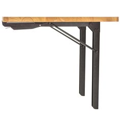 a wooden table with metal legs on a white background