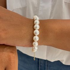 White Freshwater Pearl (9-10mm) Bracelet in Gold-Maui Divers Jewelry Knotted Bracelet, White Pearl Bracelet, Bracelet Knots, Freshwater Pearl Bracelet, White Freshwater Pearl, Jewelry Repair, White Pearl, Pearl Bracelet, Classic White