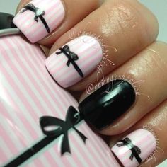 pink, black,bow manicure Nails, Nail art, Fancy nails Bow Nails, Get Nails, I Love Nails, Fabulous Nails, Nail Art Inspiration, Fancy Nails, Creative Nails