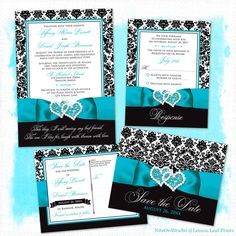 wedding stationery with blue and black damasks, heart - shaped broccoli