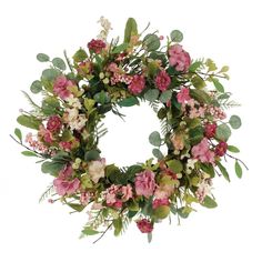 a wreath with pink flowers and green leaves