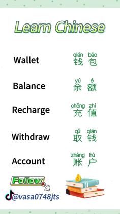 a poster with the words learn chinese in english and chinese characters, including an image of books