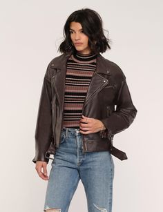 A favorite among celebs and influencers alike, the Karisa Jacket is a classic throw on piece. Crafted in buttery soft genuine leather with a perfectly broken-in feel, this motorcycle jacket has classic biker-style details like lapel snaps and sleeve zips.[split]Genuine leatherRelaxed fitZipper closureMatte silver hardware100% LambskinLength: 23.5" from high point of shoulderMeasurements from Size S Trendy Leather Jacket With Asymmetrical Zip For Fall, Trendy Asymmetrical Leather Jacket For Fall, Classic Fall Biker Jacket With Asymmetrical Zip, Classic Biker Jacket With Asymmetrical Zip For Fall, Fall Moto Leather Jacket For Work, Moto Leather Jacket For Fall Workwear, Fall Workwear Moto Leather Jacket, Edgy Leather Outerwear For Fall, Fall Biker Leather Jacket With Zipper