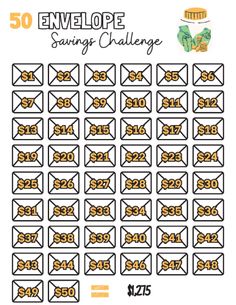 the $ 50 envelope savings challenge is shown in yellow and black, with an image of money