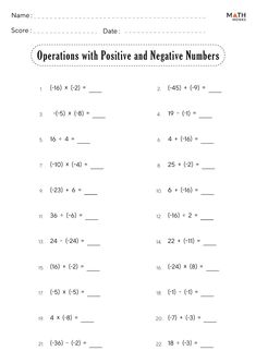 the worksheet for operations with positive and negative numbers is shown in this image