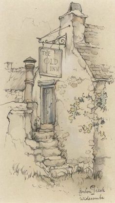 a drawing of a building with a sign on it's front and the words, the old inn