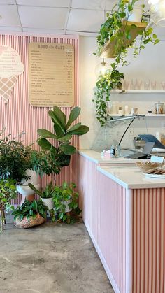 the interior of a cafe with pink striped walls and potted plants on the counter