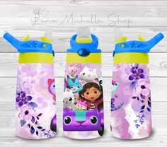 two children's water bottles, one with an image of dora and friends on it