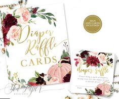 some cards with flowers on them and gold foil lettering that says diper kaffe cards