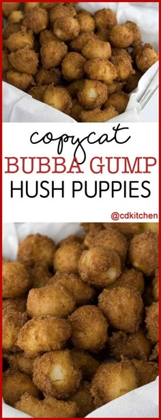 two pictures with different types of hush puppies in them and the words copycat bubba gump hush puppies