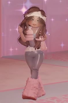 a cartoon girl is walking down the runway with her hand on her hip and looking at the camera