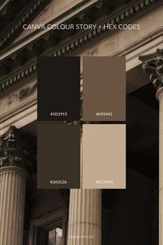 the exterior of a building with columns and paint colors in shades of brown, beige, and black