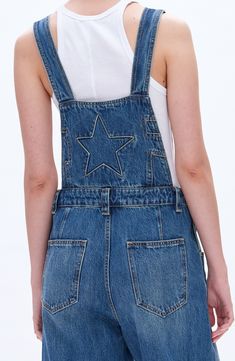 Celestial topstitching in the back adds major star power to these nonstretch-denim overalls cut in a relaxed silhouette. 28 1/2" inseam Adjustable buckle straps; side button closures Front scoop pockets; back patch pockets 100% cotton Machine wash, tumble dry Imported Straight Leg Denim, Denim Overalls, Back Patch, Medium Blue, Overalls, Top Brands, Straight Leg, Nordstrom, Buckle