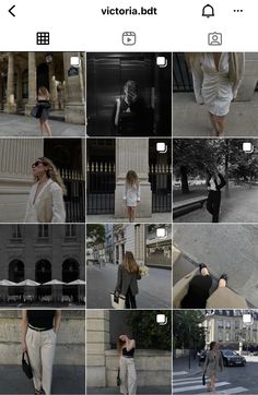 several pictures of people walking down the street in different directions, with one person taking a photo