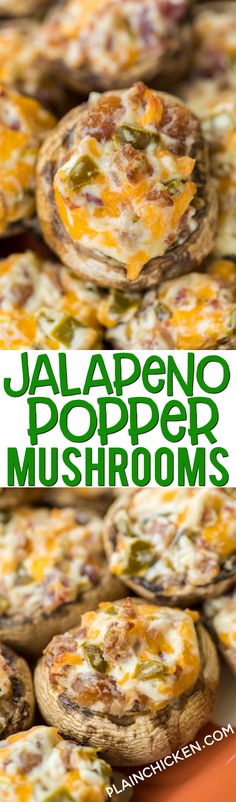 there are several different types of food on the plate and in the background is an advertisement for jalapeno popper mushrooms