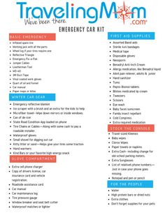 the emergency car kit for traveling moms is shown in red, blue and white