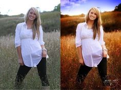 two pictures of a woman standing in tall grass