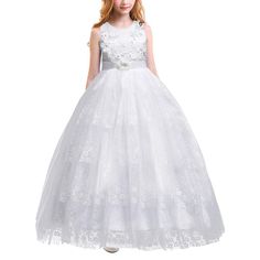 Elegant And Sweet Kids Girls Sleeveless Appliques Formal Party Fall Ball Gown Long Maxi Ruched Lace Summer Tutu Dress Flower Girl Dresses Exquisite Unique Chic Design:Sleeveless Round Neck Satin Bodice, Mesh Spliced Design, Illusion Neckline, Front Embellished With 3d Flowers, Faux Rhinestones And Beads Decoration,Full-Length Multilayer Skirt, Second Tulle Layer Are Adorned With Floral Pattern, Makes This Dress,Zip-Back Fastening, The Satin Sashes Can Be Tied A Lovely Bowknot At Back. Fitted Princess Sleeveless First Communion Dress, Fitted Sleeveless Princess First Communion Dress, White Tulle Sleeveless Dress For Dress-up, Sleeveless Tulle First Communion Dress With Lace Bodice, Sleeveless Princess Dress For First Communion, Sleeveless Tulle Dress For Confirmation, Sleeveless Tulle First Communion Dress, Princess Style Sleeveless Confirmation Dress, White Sleeveless Princess Dress