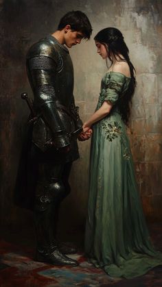 a painting of a man and woman dressed in armor