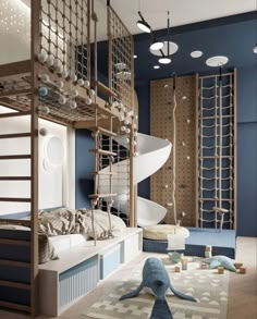 a room with bunk beds, stairs and other items on the floor in front of it