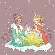 the princess and the frog are sitting in the snow, one is holding a flower