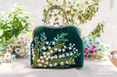 Embroidered Handbag and Wallet Set, Handbags With Straps, Lily of the Valley Embroidery - Etsy Lily Of The Valley Embroidery, Embroidered Clutch Bag, Gold Evening Bag, Chinese Flower, Embroidered Handbag, Embroidered Clutch, Potli Bags, Embroidery Bags, Vintage Purses