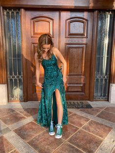 Prom Dresses With Sneakers Long, Prom Dresses With Tennis Shoes, Green Prom Dress With Converse, Prom Dress Sneakers Outfit, Prom Shoes Green Dress, Fancy Dress With Converse, Strappy Prom Dress, Sneakers And Prom Dress, Converse Prom Dress