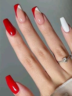 French Red And White Nails, French Tips Red Nails, French Tip Red And White, Square Red Nails Design, Red White French Tip Nails, Red And White Square Nails, Matte Red French Tip Nails, White Nails With Red French Tip, Red Nails White Tips