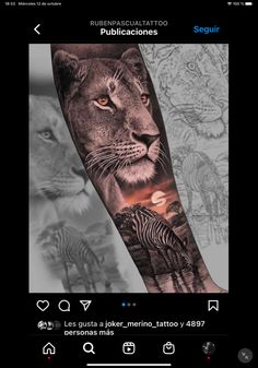 an arm tattoo with a lion and zebras on the left side of the arm