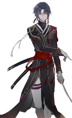 an anime character with black hair and red eyes, holding two swords in one hand