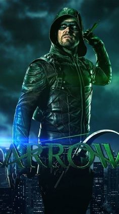 arrow is standing in front of a cityscape